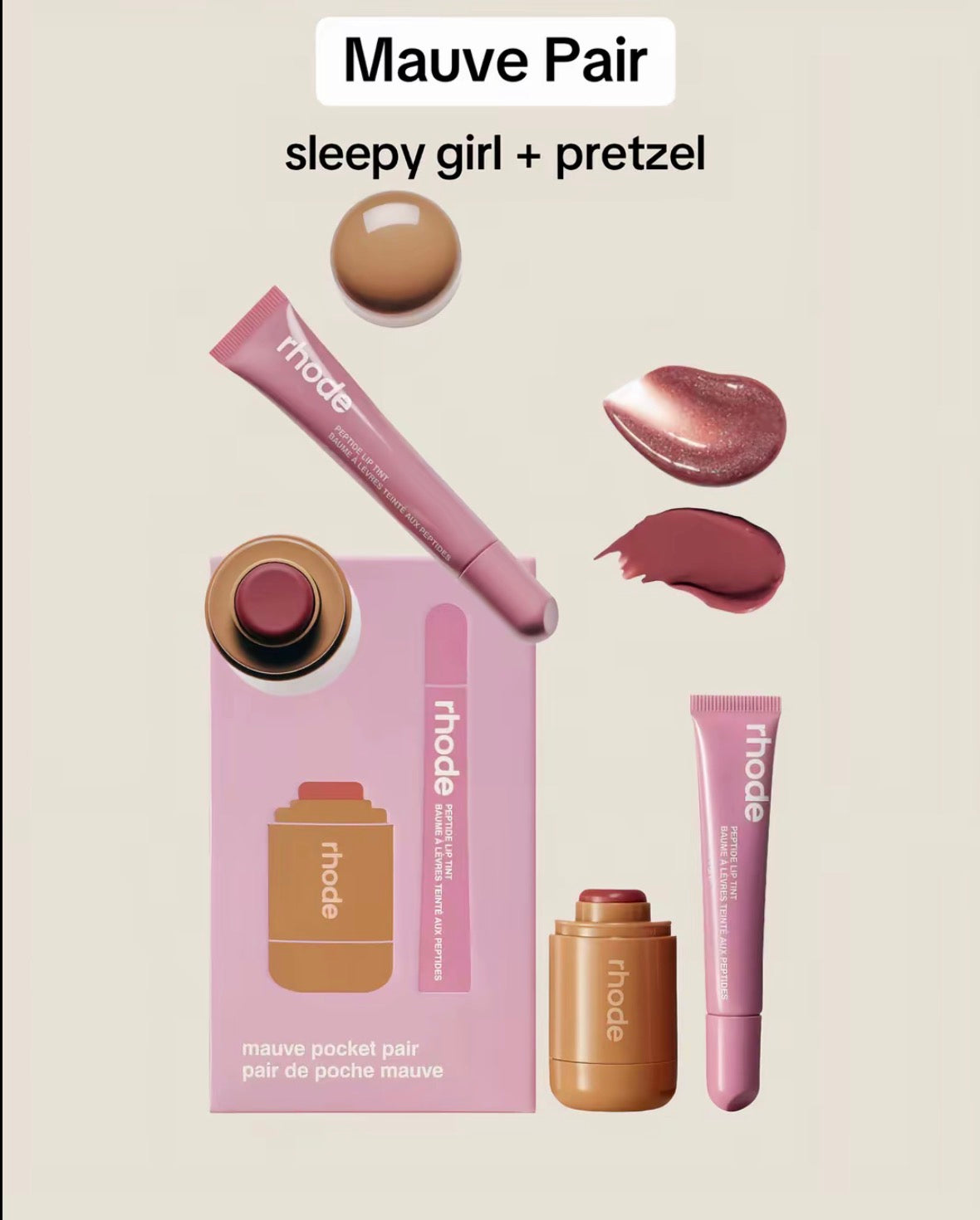 【 訂購 】Rhode 限量假日胭脂膏唇蜜套裝 sleepy girl + pretzel （帶閃） 粉紅色  - Cream Blush Lip set